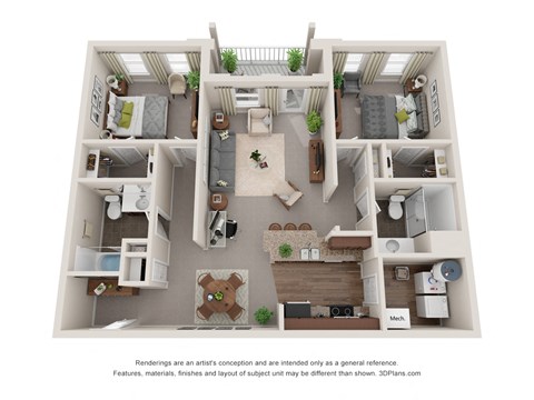 Floor plan for 2 beds, 2 baths, 1128 sqft